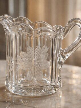 Vintage Floral Etched Glass Creamer Pitcher | Paneled Scalloped Rim